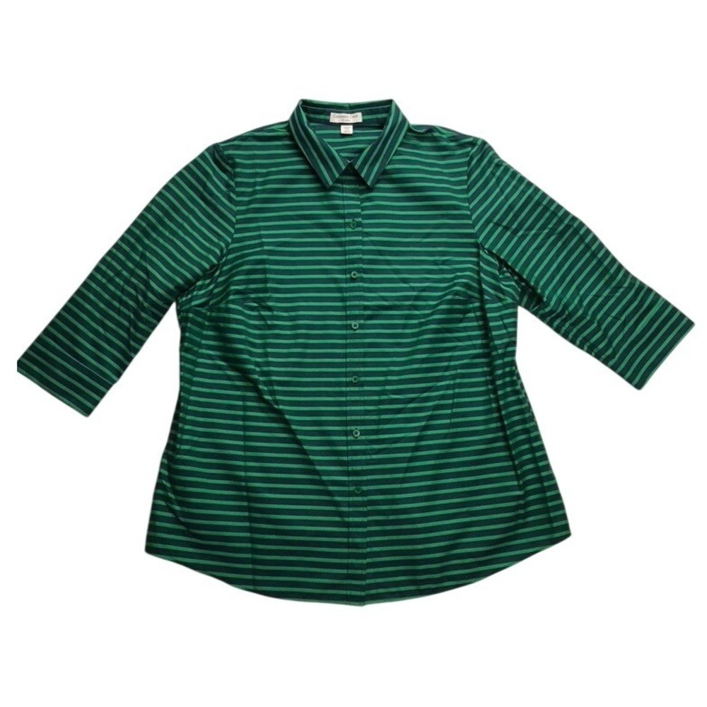 Coldwater Creek Womens 2X Green Navy Blue Striped No Iron Cotton Button Up Shirt